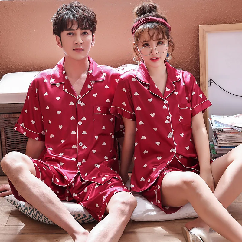 

Fashion Couple Pajamas Pyjamas Suit Casual Short Sleeve Satin Sleepwear 2PCS Top&Shorts Sleep Set Home Wear Print PJ Nightwear