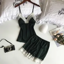 Daeyard Silk Pajama Set Women Spring Summer Sleepwear Sexy Lace Lingerie Cami And Shorts Satin Pyjamas Home Wear with Chest Pads lace insert cami pajama set with robe