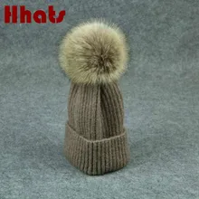 Женский шерстяной вязаный головной убор с помпон с искуственным мехом, Толстая теплая шапка из искусственного меха кролика, Повседневная зимняя шапка для девочек