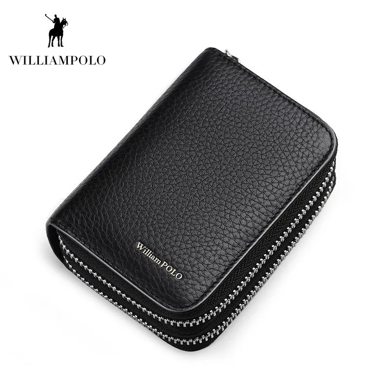 

WILLIAMPOLO Leather Credit Card Holder Men Double Zipper Business Card Wallet Driver License Case ID Card Holder Box Man PL290
