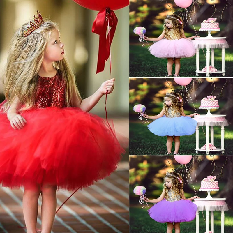 

Princess Kids Dresses for Girls Baby Kids Fancy Wedding Ball Gown Summer Sleeves Sequins Party Fluffy Cake Smash Dress For Girls