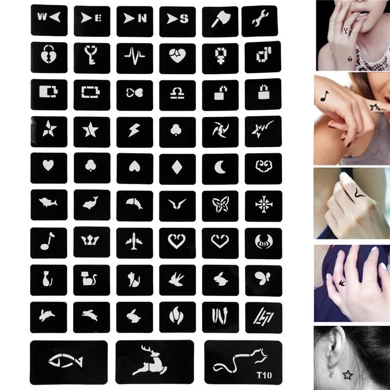 99 قطعة البخاخة بريق المؤقتة الوشم ملصق استنسل الرسم طفل الوشم القط زهرة الكرتون تصميم DIY الجسم الفن الطلاء قالب