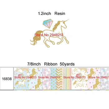 

printed cartoon unicorn grosgrain ribbon and resin sets 7/8inch 50yard ribbon and 50pcs resin 1 sets REB254