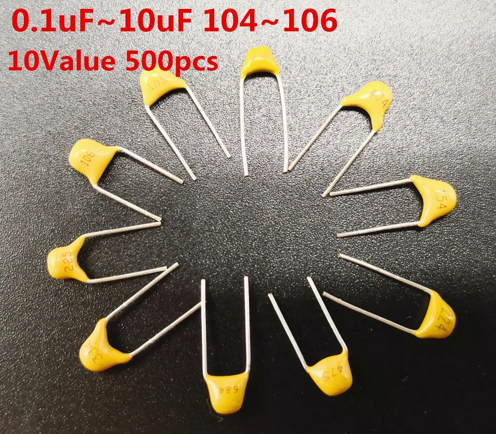 

500pcs 10value kit 0.1uF~10uF 104 154 224 334 474 684 105 225 475 monolithic Multilayer ceramic capacitor Assorted Kit 5.08mm