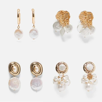 

Best lady 2019 New ZA Simulated Pearls Dangle Earrings for Women Gold Silver Color Vintage Wedding Shiny Statement Earrings Gift