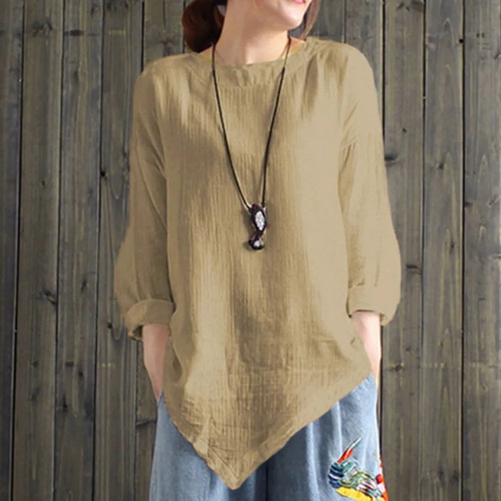 

FREE OSTRICH women's cotton linen loose long-sleeved T-shirt O-neck solid color yellow tops casual asymmetric shirt plus size