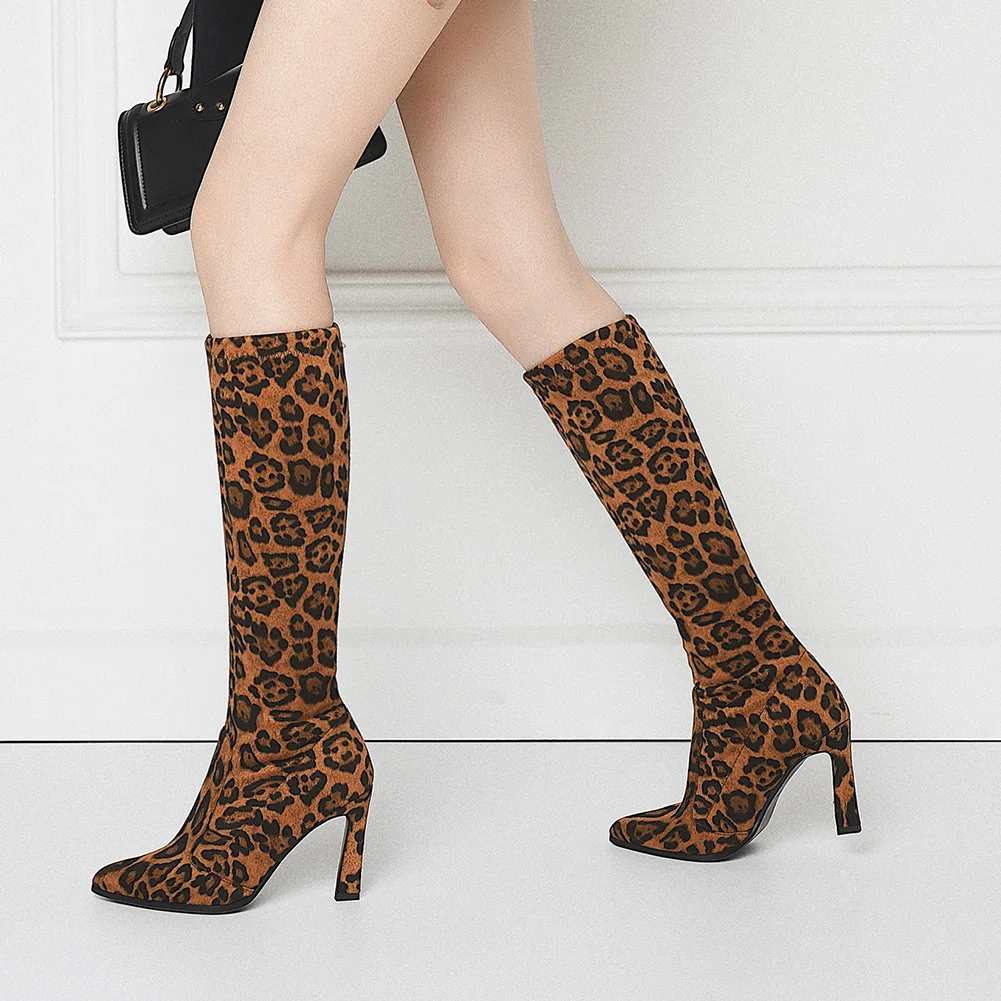 

SARAIRIS Brand Design Knee High Boots Shoes Woman Sexy High Heels Boots Leopard Autumn Winter Women Boots Large Size 43