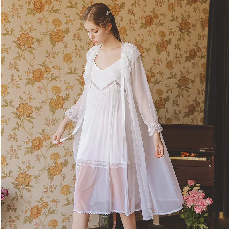 

Sexy Robe Set Two Pieces Spaghetti Strap Princess Lace Cotton Sleepwear Bathrobe Set Luxury Nightgown Long Negligee Hollow