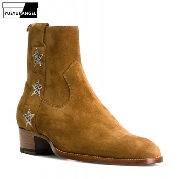 

Winter New Men Motorcycle Biker Safety Shoes Runway Genuine Suede Leather Block Heels Riding Pointed Toe Military Ankle Boots