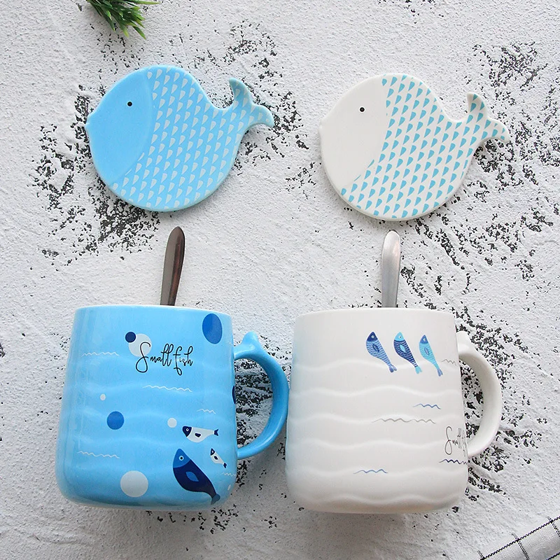 Literary fresh fish ceramic cup with lid spoon cute simple mug (7)