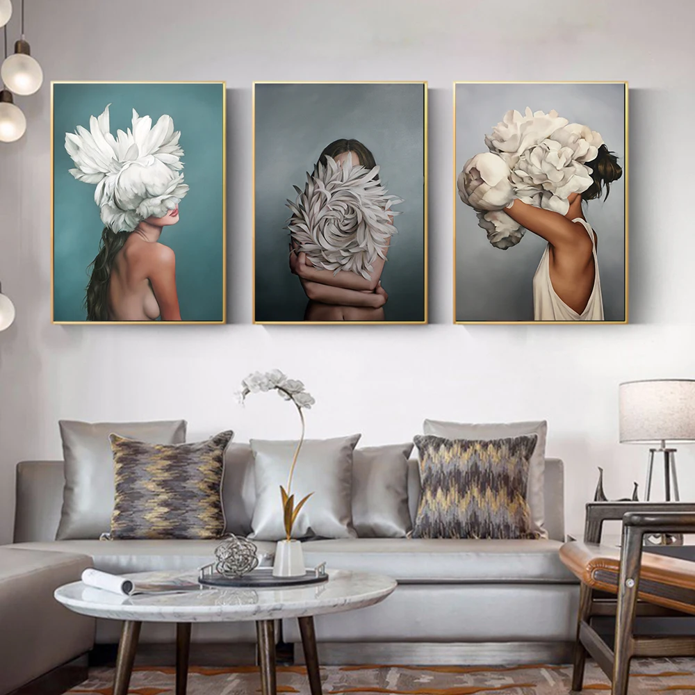 

Posters and Prints Flowers Feather Women Oil Painting Canvas Wall Pictures for Living Room Home Decoration