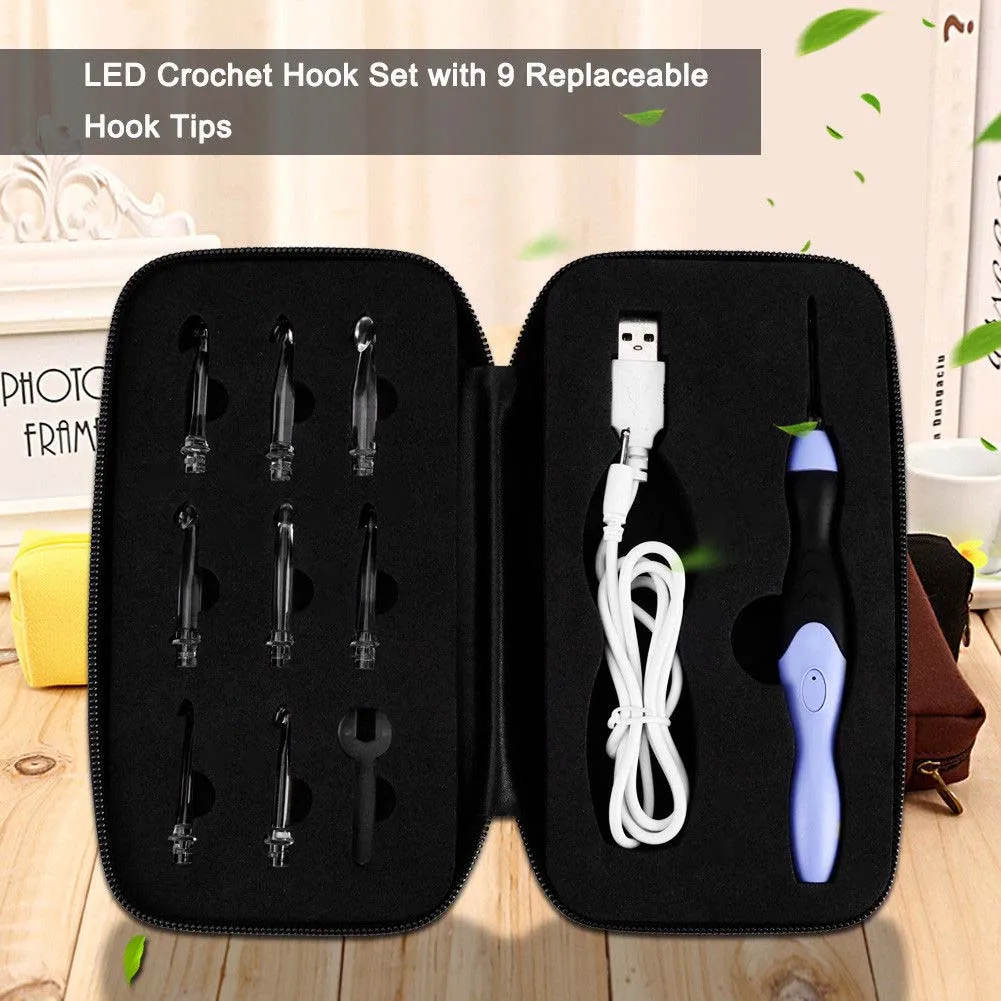

9-in-1 USB LED Light Up Purple Knitting Needles Set Crochet Hooks Weave Tool Kit J2Y