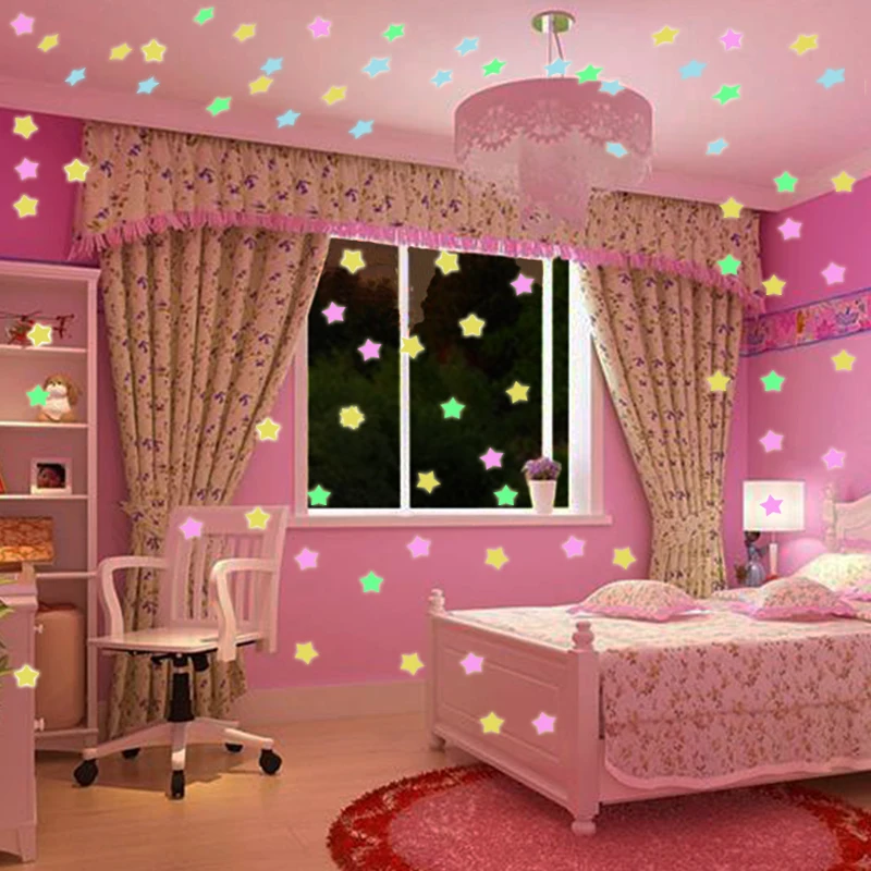 

100pcs 3D Luminous Stars Toy Sticker Fluorescent Toy PVC Wall Stickers for Kids Room Refrigerator Home Light Switch Ceiling