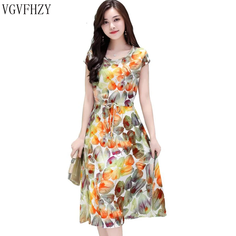 

new 2019 Women Summer dress Middle-aged Plus Size 6XL Loose Mother Elegant Short sleeve dress O-neck Flower Print cotton Dress