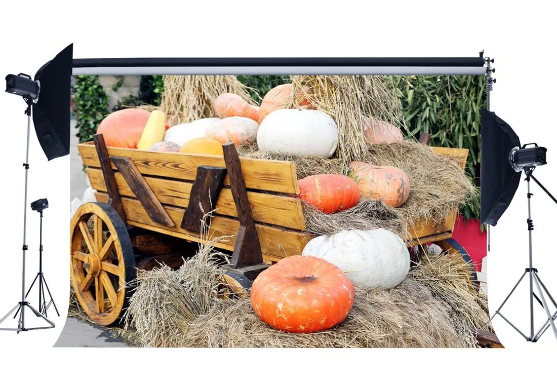 

Autumn Harvest Backdrop Pumpkin Straw Haystack Backdrops Rustic Old Barn Farm Car Vintage Wood Carriage Background