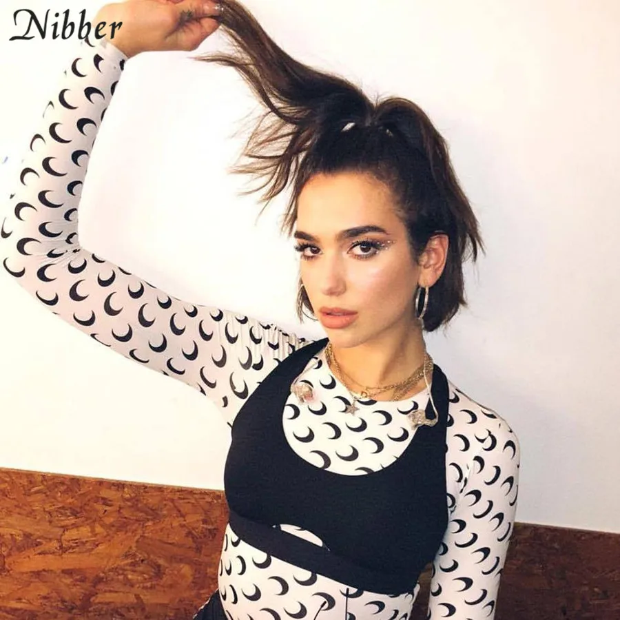 Nibber الربيع البوب جديد القمر قميص مطبوع women2019new حار بيع الأزياء الأساسية الكامل كم أعلى نشط ارتداء السيدات الشارع عارضة المحملة
