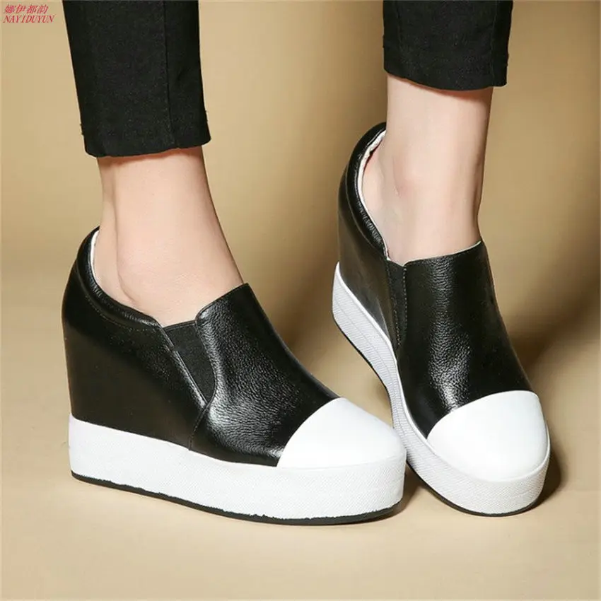 

NAYIDUYUN Women's Leather Slip On High Heels Ankle Boots Round Toe Party Pumps Wedge Platform Casual Ladies Greepers Shoes