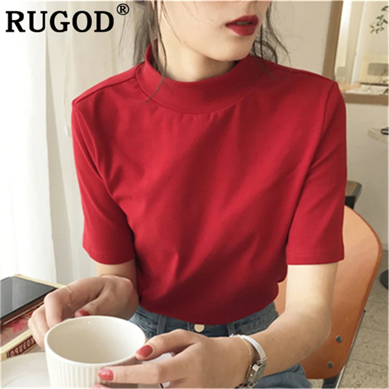 Женские футболки с высоким воротником RUGOD красные коротким рукавом в Корейском