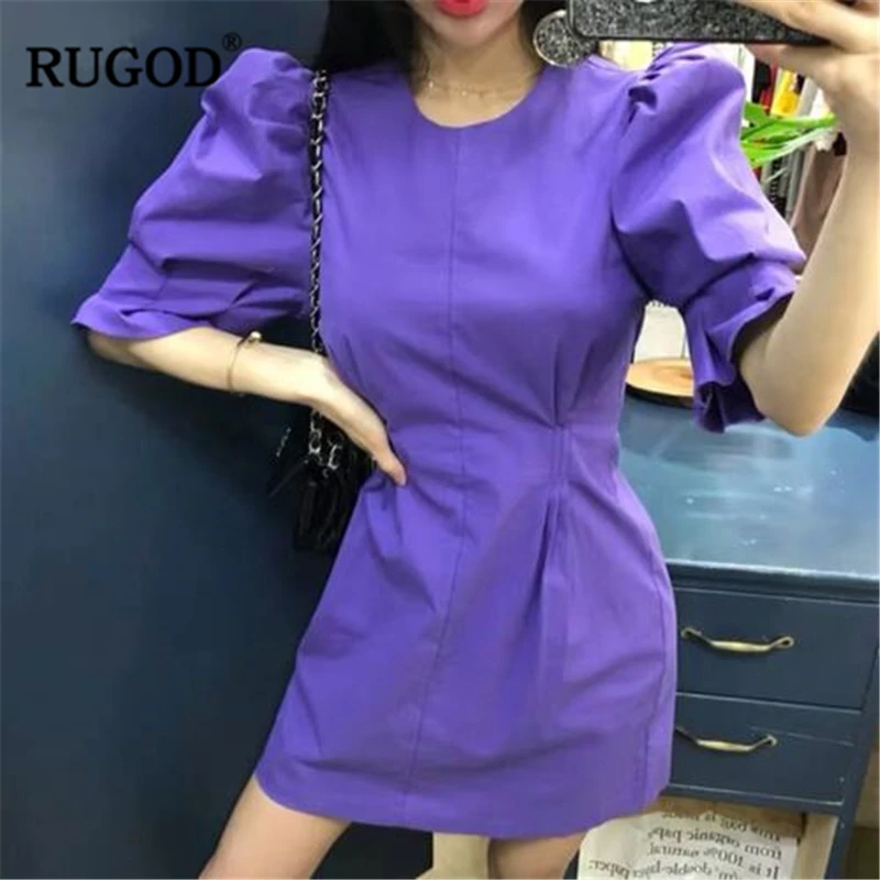 

RUGOD 2019 Summer Women Solid Dress O-neck Puff Half Sleeves Tunic Slim Vestidos Temperament Vintage Elegant Princess Mini Dress