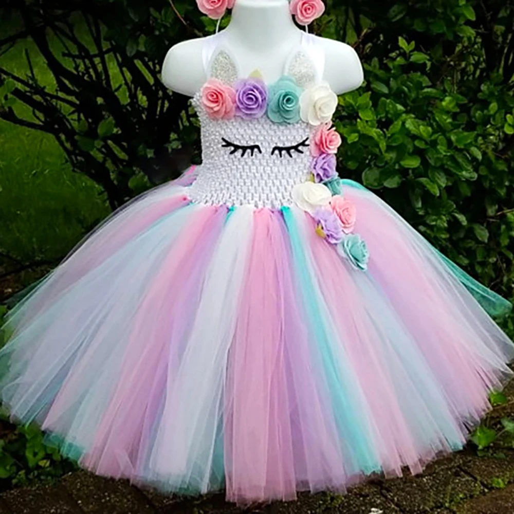 

Pastel Unicorn Tutu Dress Baby Kids Girls Flowers Birthday Masquerade Party Dresses Child Purim Day Halloween Christmas Costume