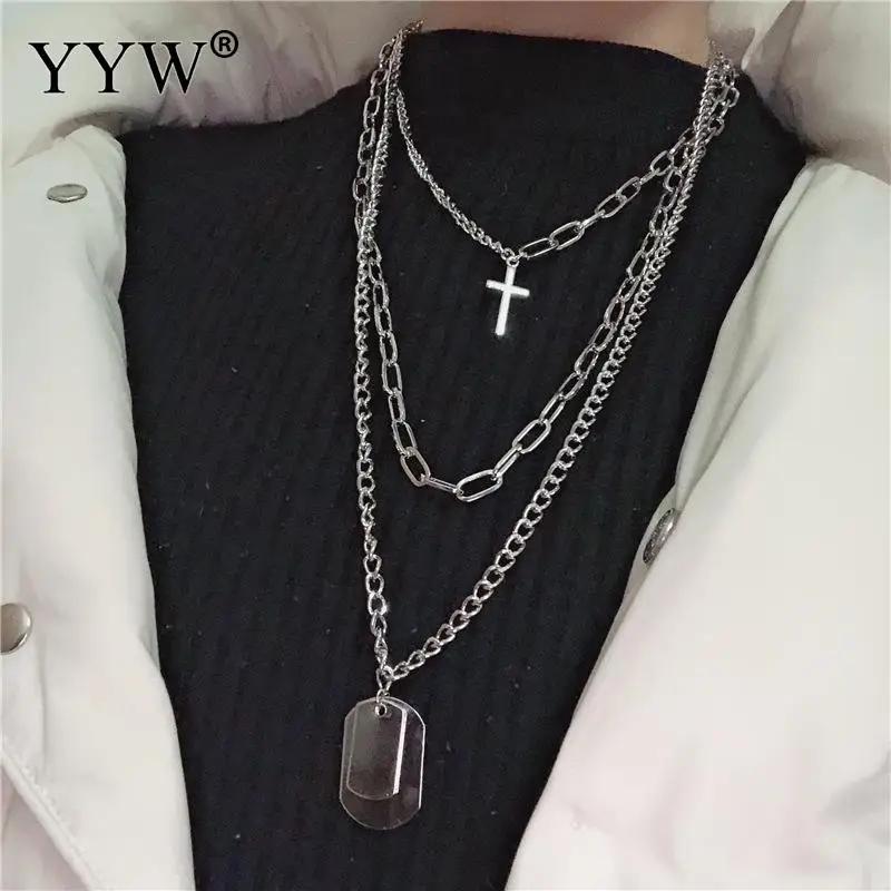 

Multilayers Punk Silver Chains Cross Necklace Couple Fashion Street Hip Hop Geometric Metal Pendant Necklaces for Women