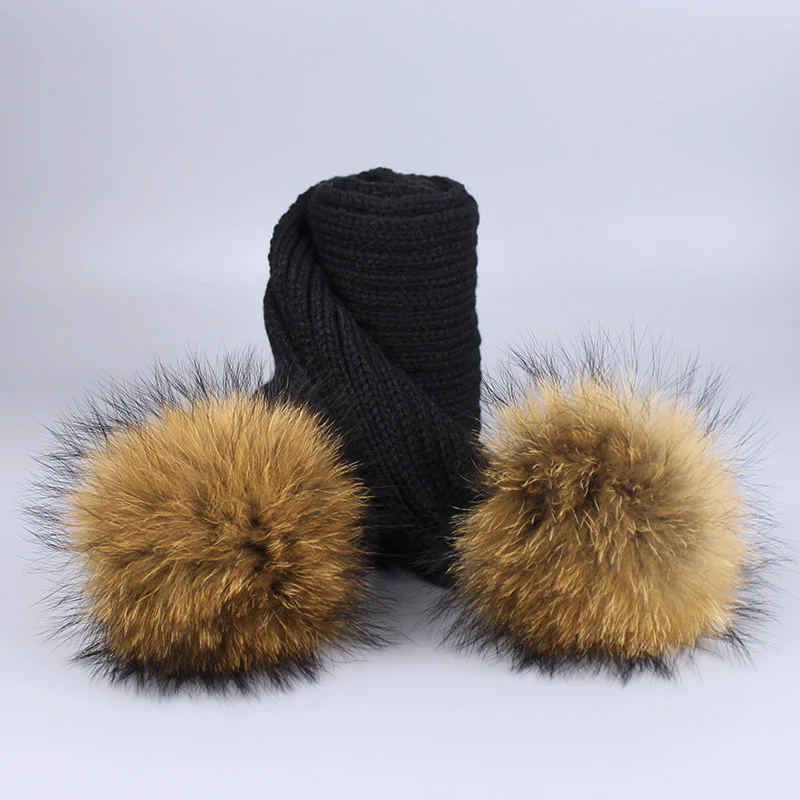 Scarf Black Г. Шапка с помпоном для девочек, теплые вязаные с помпоном из меха, шапка с помпоном и шарф, комплект, детская зимняя шапка с помпоном из натурального меха енота, Skullies - Цвет: Scarf Black