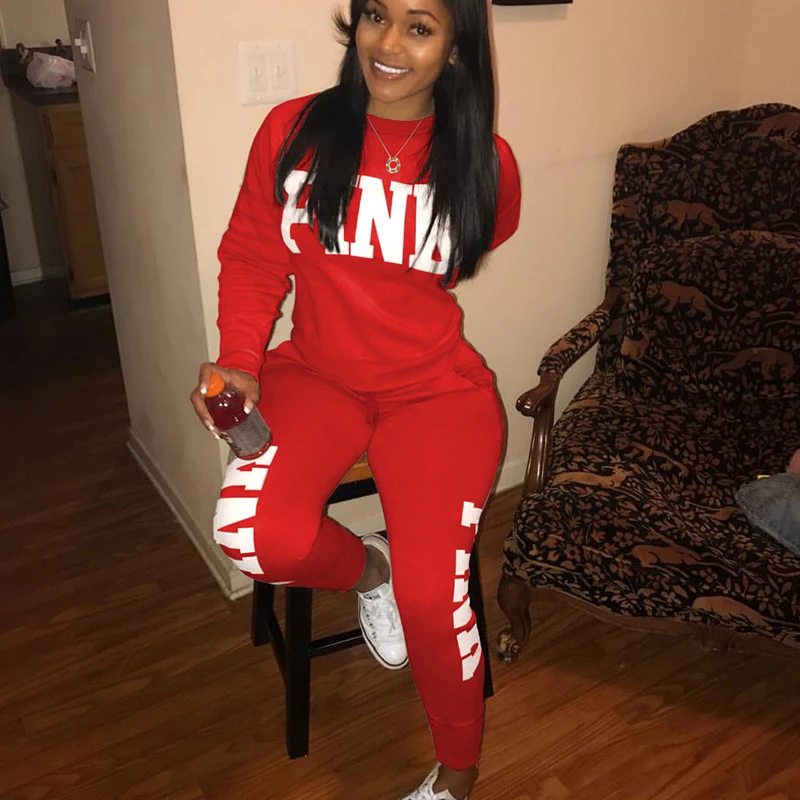 

2019 Fashion Women Set Long Sleeve Pants Round Neck Letters Print Two Piece Set Tracksuit Casual Sweatshirt Plus Size