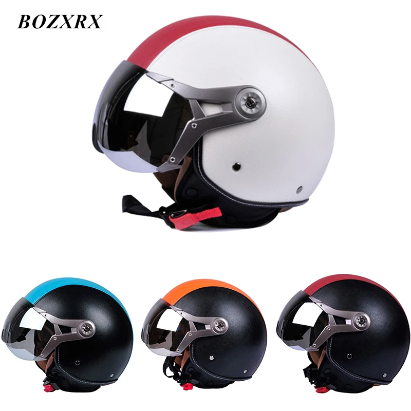 

BOZXRX New Unisex Genuine Leather Adjustable Vintage Motorcycle Helmets Open Face Safety Motorbike Goggles Helmet Moto capacete