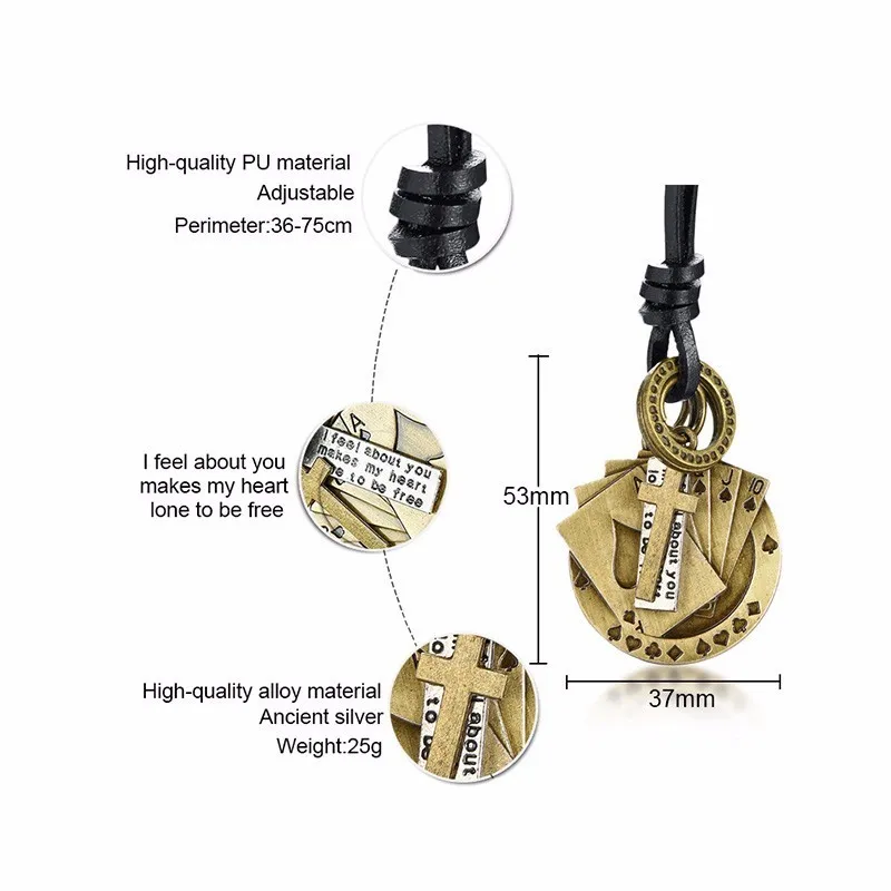 Мужское Королевское ожерелье с подвеской в виде игральных карт, кожаное ожерелье с крестообразной биркой, изготовлено из металла, ювелирное изделие для клуба казино, регулируемое