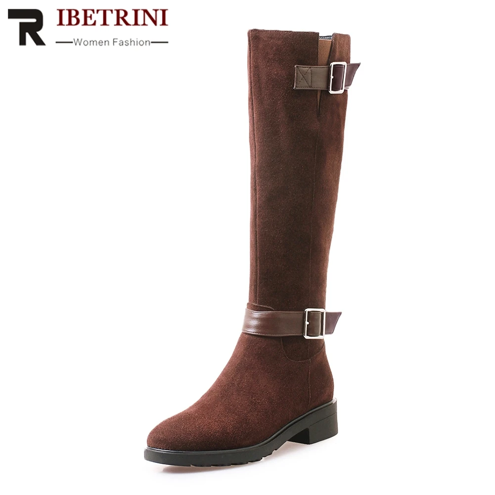 

RIBETRINI Fashion Comfortable Women Riding Boots Genuine Leather Cow Suede Low Heels Zip Mid Calf Boots Shoes Woman Fur Addable