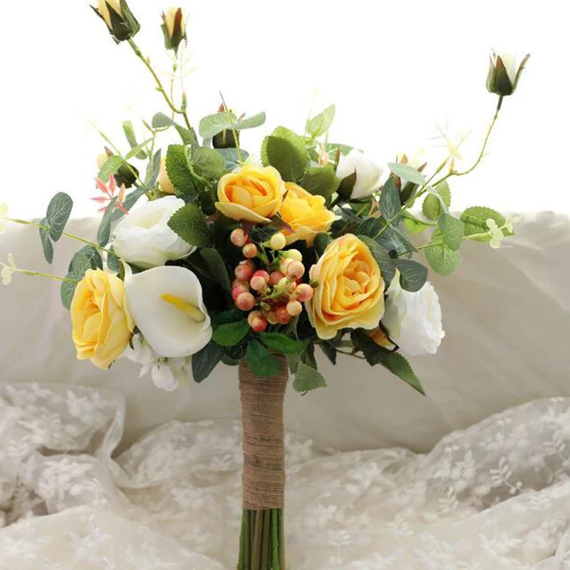 Giallo Rosso Rosa Viola Rosa Damigella D'onore di Cerimonia Nuziale fiori di Schiuma Rosa bouquet Da Sposa Nastro bouquet Da Sposa de noiva