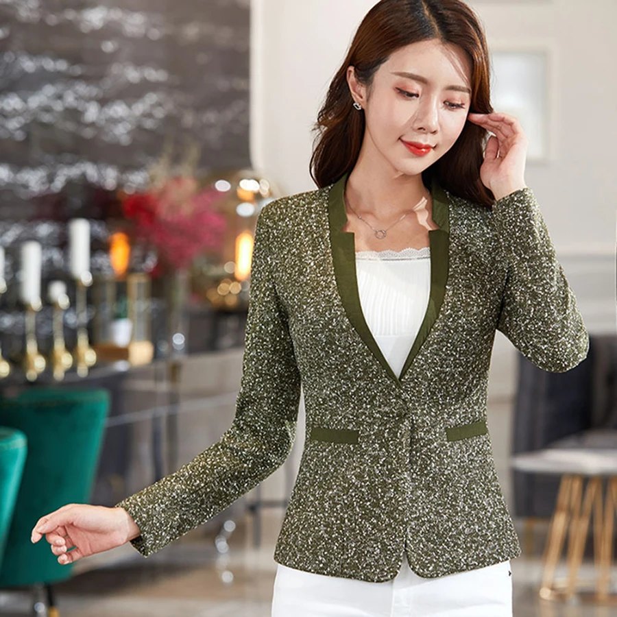 

Tweed Women Blazer Single Breasted Slim Fit Womens Blazers Long Sleeve Collarless Chaqueta Formal Mujer Plus Size Clothing X7001
