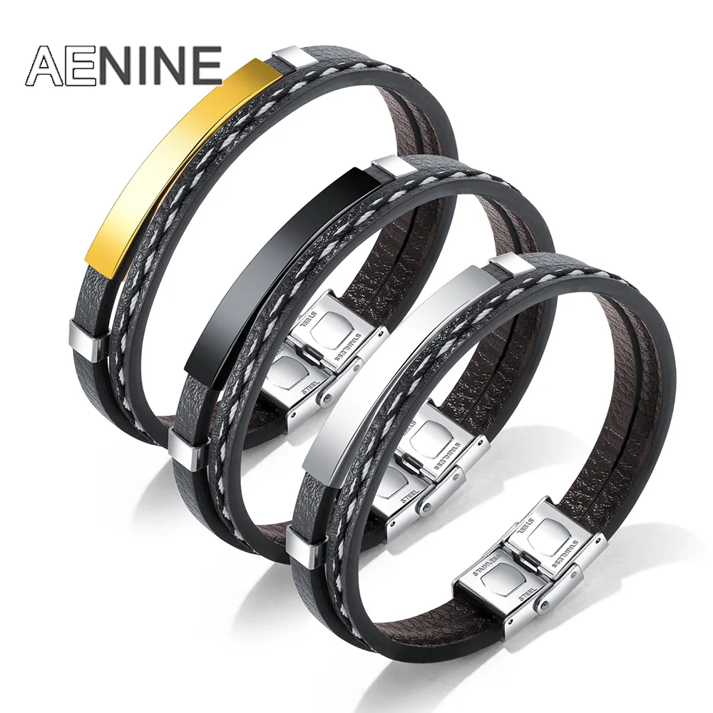 

AENINE Trendy Punk Style Stainless Steel Glossy Leather Bracelets Multilayer Braided Wrap Bracelet Accessories Jewelry OPH1269