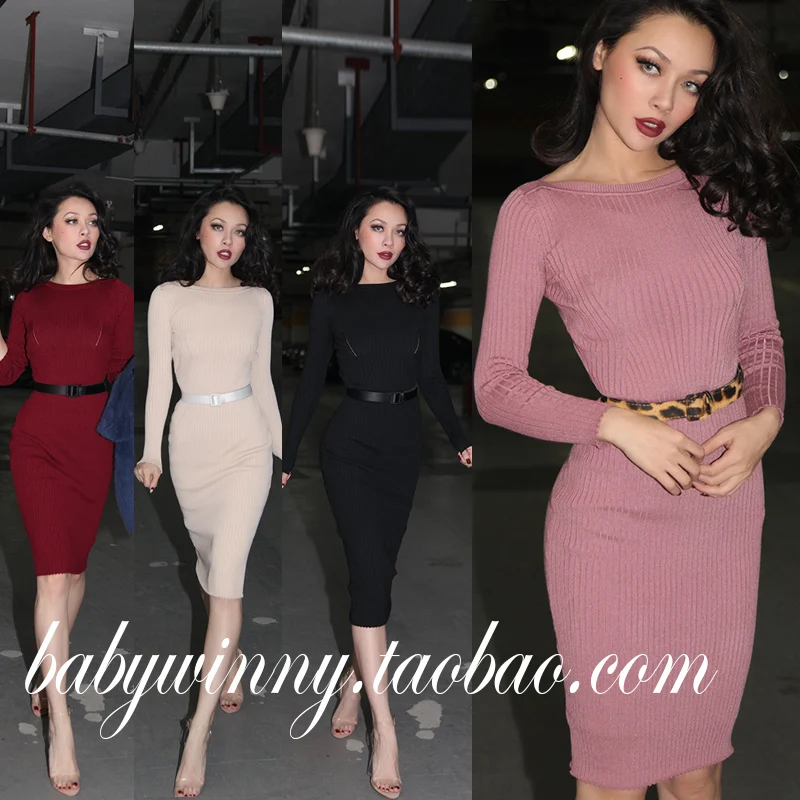 

Free Shipping 2016 Winter New All Match Autumn Essential Slash Neck Thread Elastic Tight Slim Solid Color Pencil Dress Women