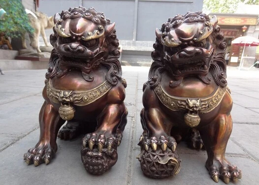 

bi003685 11" Folk Chinese Bronze Wealth FengShui Guard Foo Fu Dog Lion Ball Statue Pair