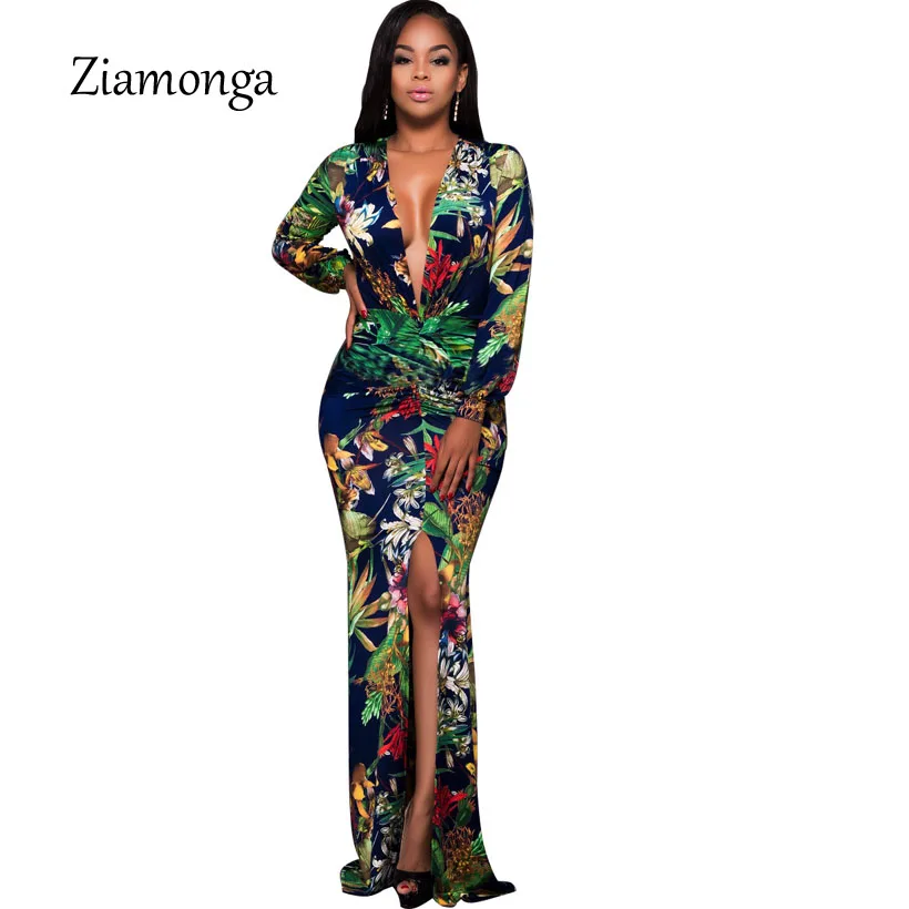 

Ziamonga Autumn Dresses Women V-Neck Sexy Long maxi Evening Party Dresses Long Sleeve Bandage Dress Split Print Robe De Soiree