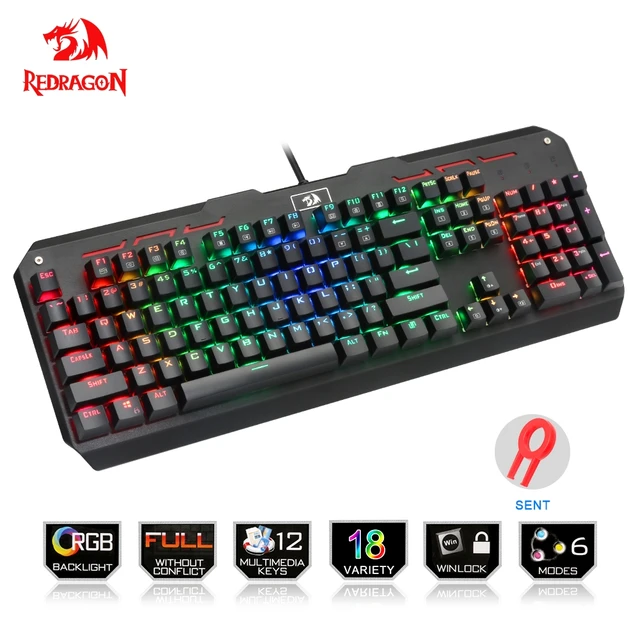 Best Price Redragon USB mechanical gaming keyboard ergonomic RGB LED backlit keys Full key anti-ghosting 104 wired Computer gamer