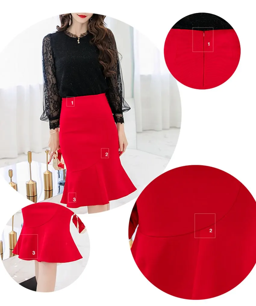 SEXMKL Plus Size Women Red Pencil Skirt Faldas Mujer Moda Korean Elegant Sexy Ruffle Skirt Ladies High Waist Black Skirt