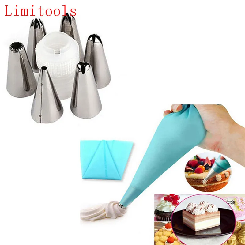 

8pc/set Silicone Icing Piping Cream Pastry Bag Stainless Steel Nozzle Tips Cake DIY Decorating Baking Tool Bakeware Kitchen