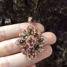 Натуральные разноцветные турмалины кулон 925 пробы серебро натуральный драгоценный камень кулон Цепочки и ожерелья Модные элегантную перфорацию в форме для женщин ювелирные изделия