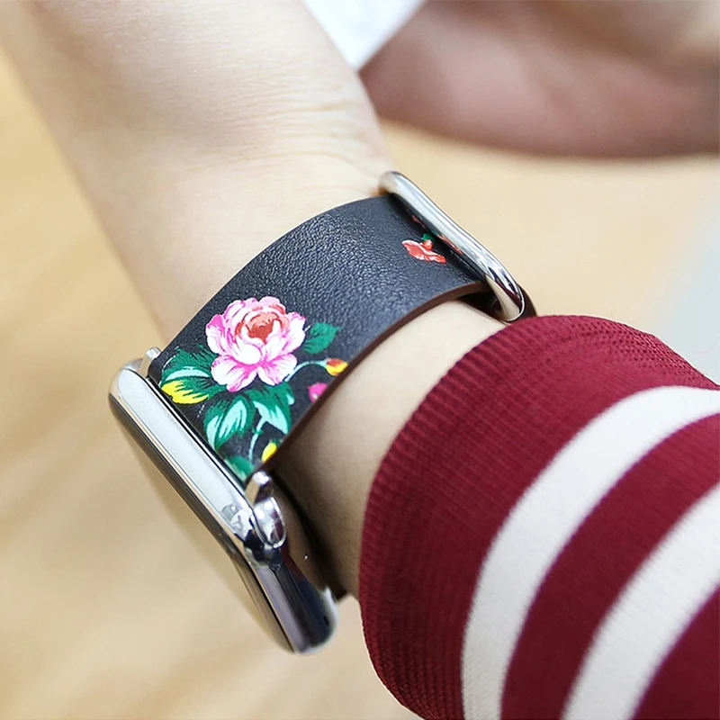Кожаный ремешок для часов Apple Watch 38 мм 42 iWatch серии 1 2 3 цветочный Цветочный Принт