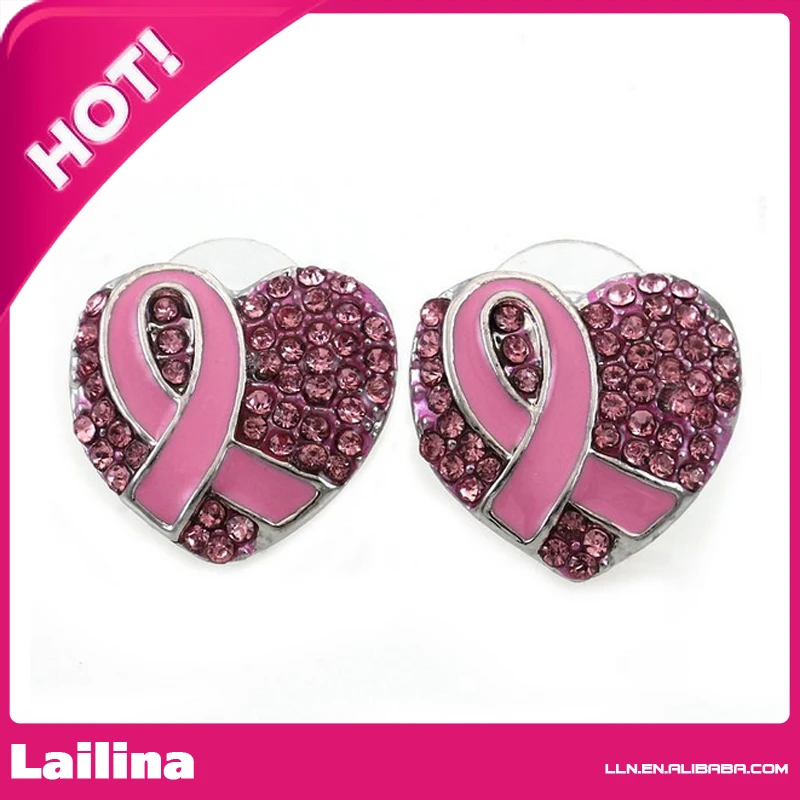

Breast Cancer Awareness Month Pink Ribbon Heart Earrings Stud Post Fashion Jewelry
