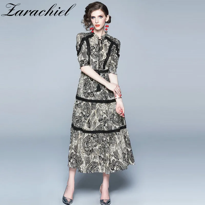 

Vintage Print Lace Patchwork Chiffon Long Dress Women 2019 Summer Lace-up O Neck Half Sleeve Ladies Dresses Casual Vestidos