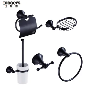 

Free shipping,Luxury Black bronze bathroom accessories set 5pcs copper paper holder robe hook towel ring toilet brush holder