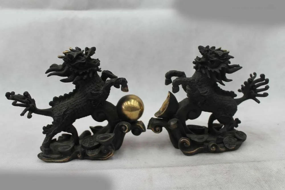 

6"Chinese Fengshui Folk Copper Money drawing Money Yuan Bao Kylin Statue