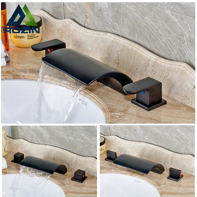 

Luxury Wide Waterfall Spout Bathroom Sink Basin Mixer Faucet Two Handles Widespread Black Lavatory Sink Faucet