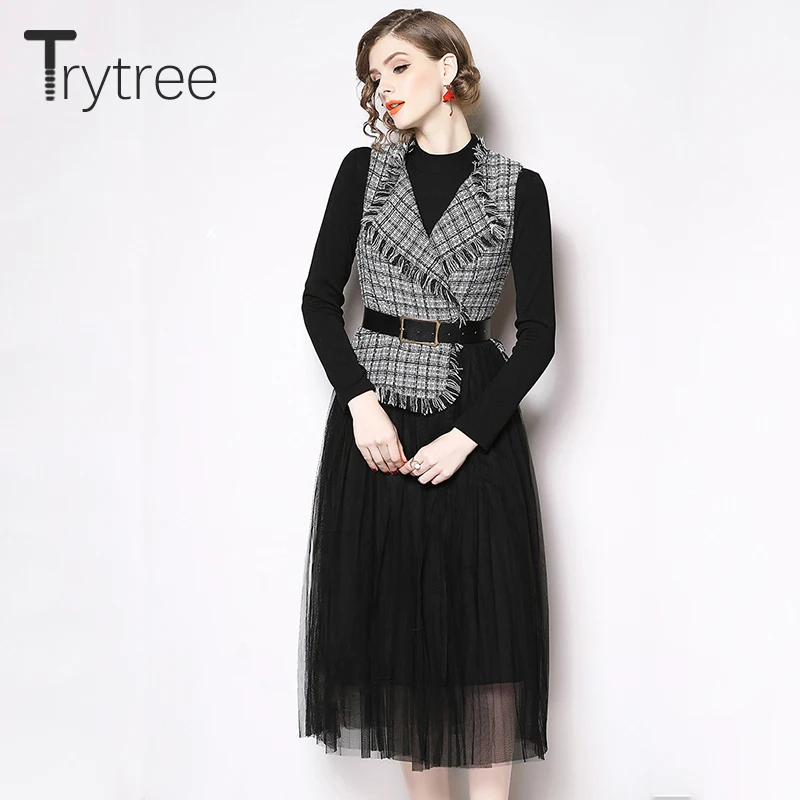 Trytree Весна Лето Женский комплект из двух предметов Повседневный Топ + платье