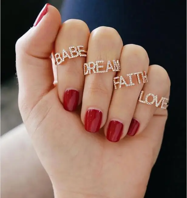 

personalized letter ring micro pave cz Gold filled BABE BOSS HOPE FAITH custom letters fashion rings