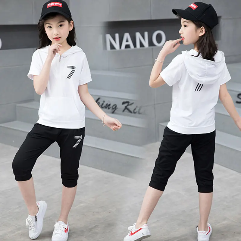 

Summer Set 2 Boys and Girls Universal Hooded T-shirt + 7 Pants Children's Clothing Hoodie Short Sleeve Sportswear 2-11 Year Old