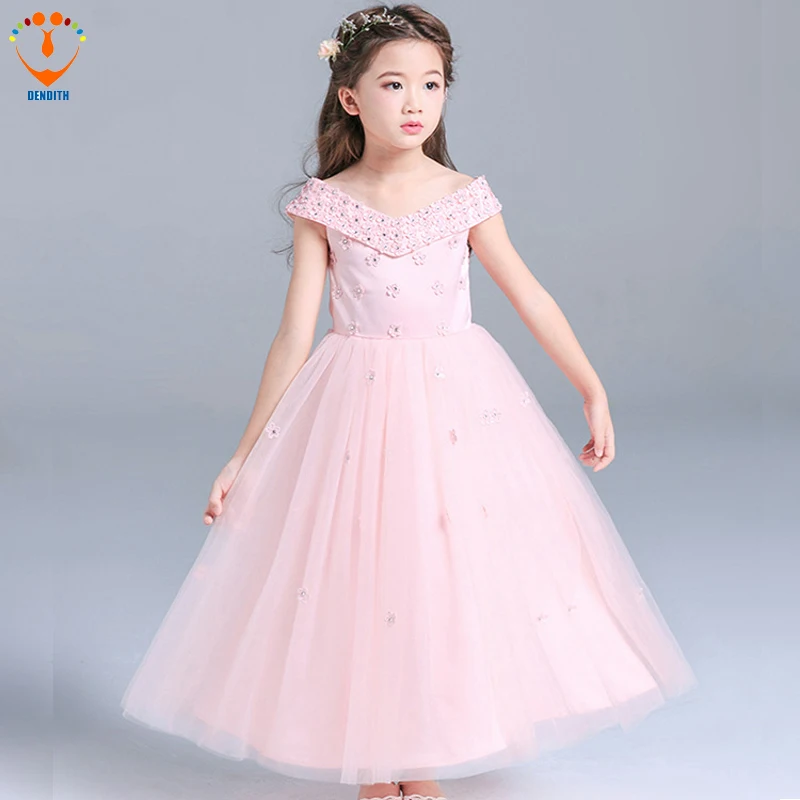 

2018 Girls V-neck Ball Gown lace Dress baby girls flower wedding dress girl long dress bow pink children clothing